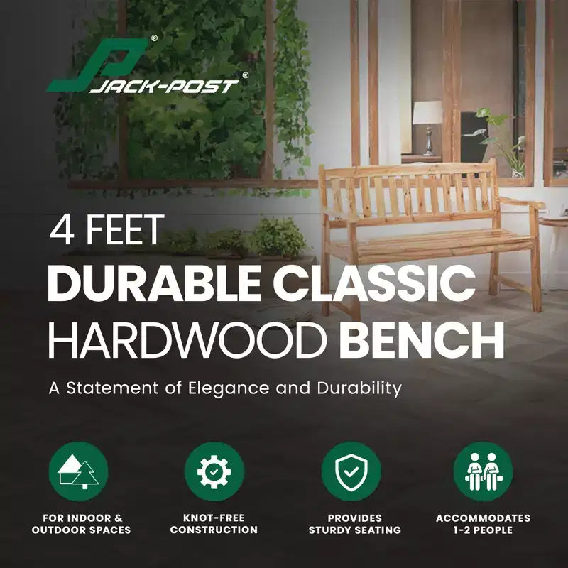 Banc Jack Post en bois dur indonésien classique, durable, de 1,2 m, pouvant accueillir jusqu'à 2 personnes, pour patio, jardin et véranda, marron