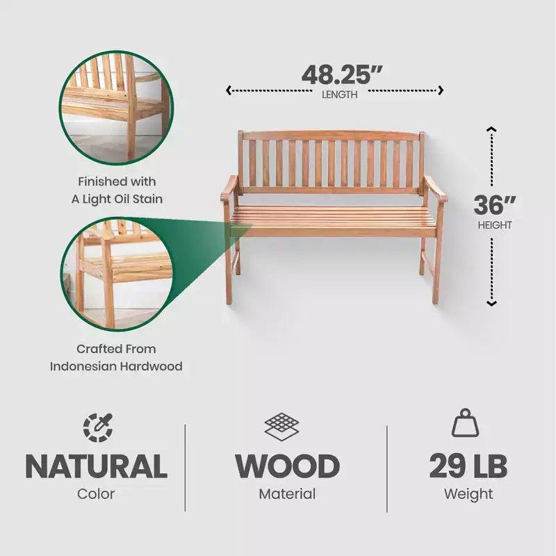Banc Jack Post en bois dur indonésien classique, durable, de 1,2 m, pouvant accueillir jusqu'à 2 personnes, pour patio, jardin et véranda, marron