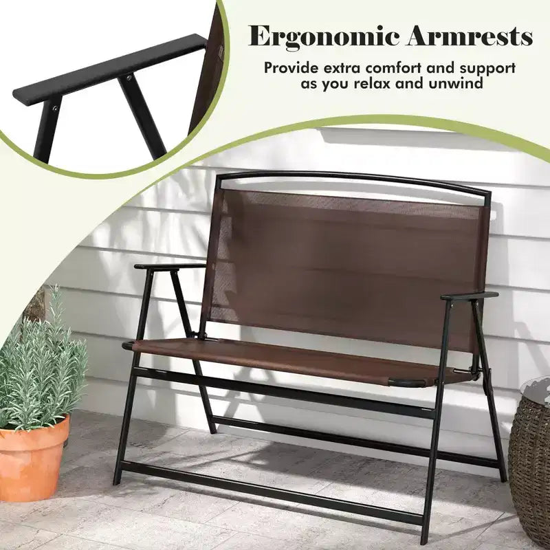 Banc de terrasse 2 places Costway, banc de jardin pliant d'extérieur avec dossier et accoudoirs