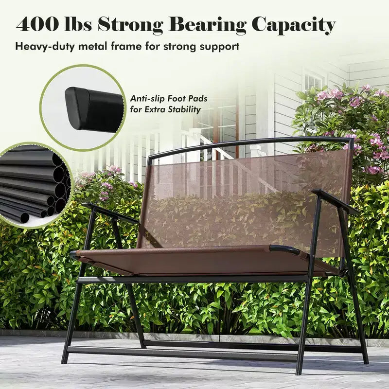 Banc de terrasse 2 places Costway, banc de jardin pliant d'extérieur avec dossier et accoudoirs