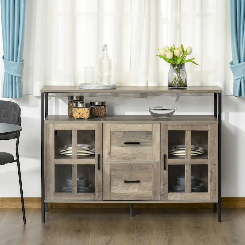 Meuble de salle à manger rustique HOMCOM, buffet de service avec étagères réglables, portes vitrées et 2 tiroirs