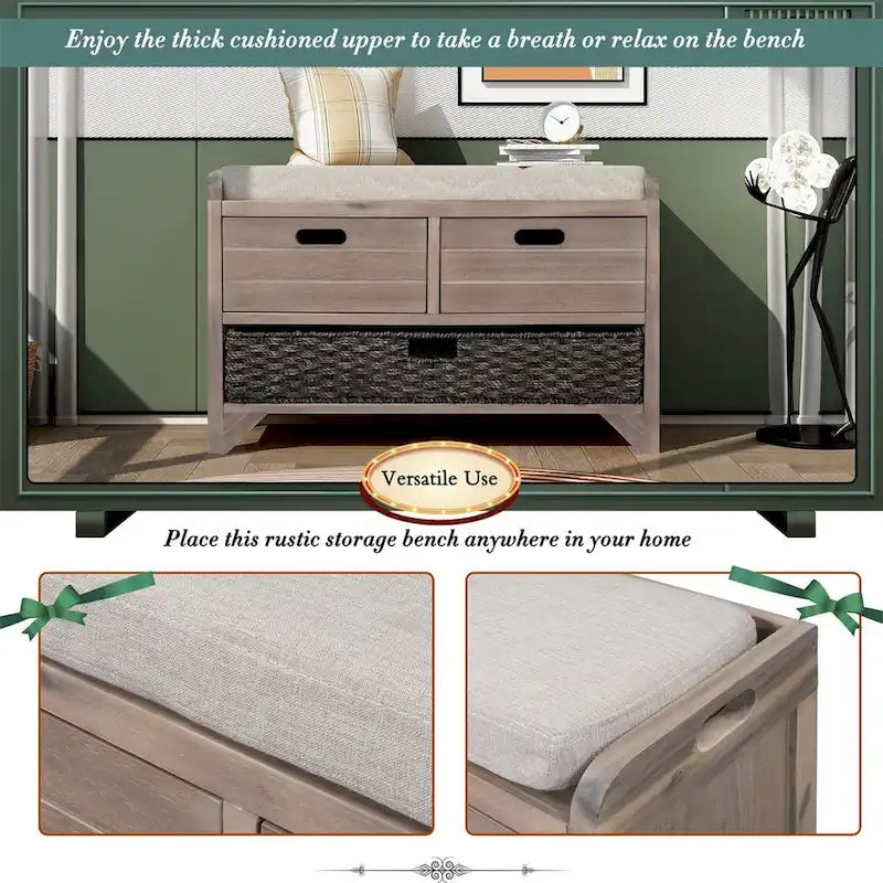 Banc de rangement rustique Merax avec panier et coussin amovibles