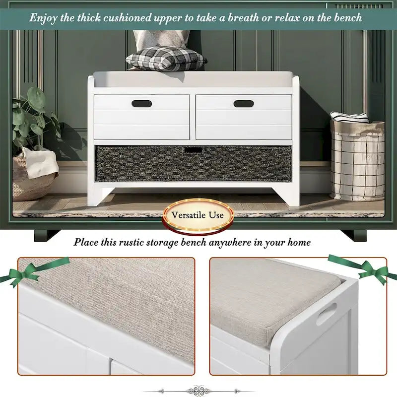 Banc de rangement rustique Merax avec panier et coussin amovibles