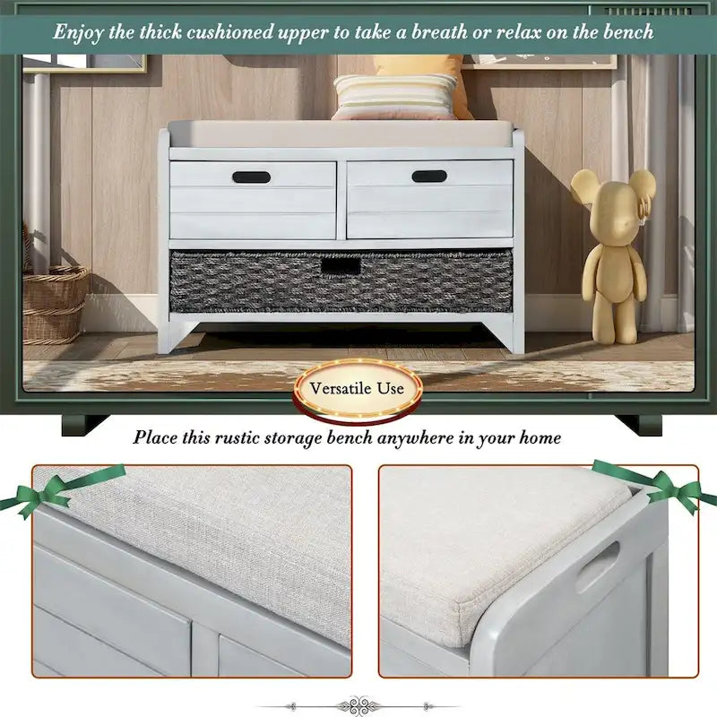 Banc de rangement rustique Merax avec panier et coussin amovibles