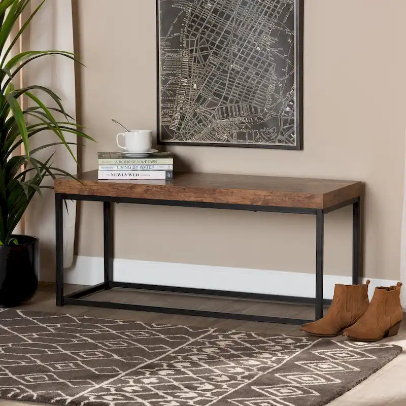 Banc d'appoint Bardot moderne industriel en bois et métal – Noyer brun