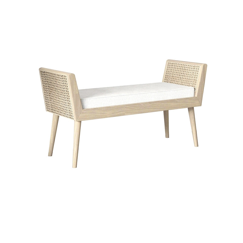 Banc rembourré Aderyn Mid-Century avec accoudoirs relevés en rotin