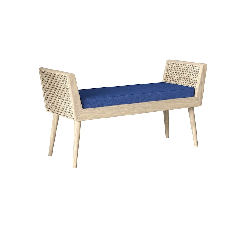 Banc rembourré Aderyn Mid-Century avec accoudoirs relevés en rotin