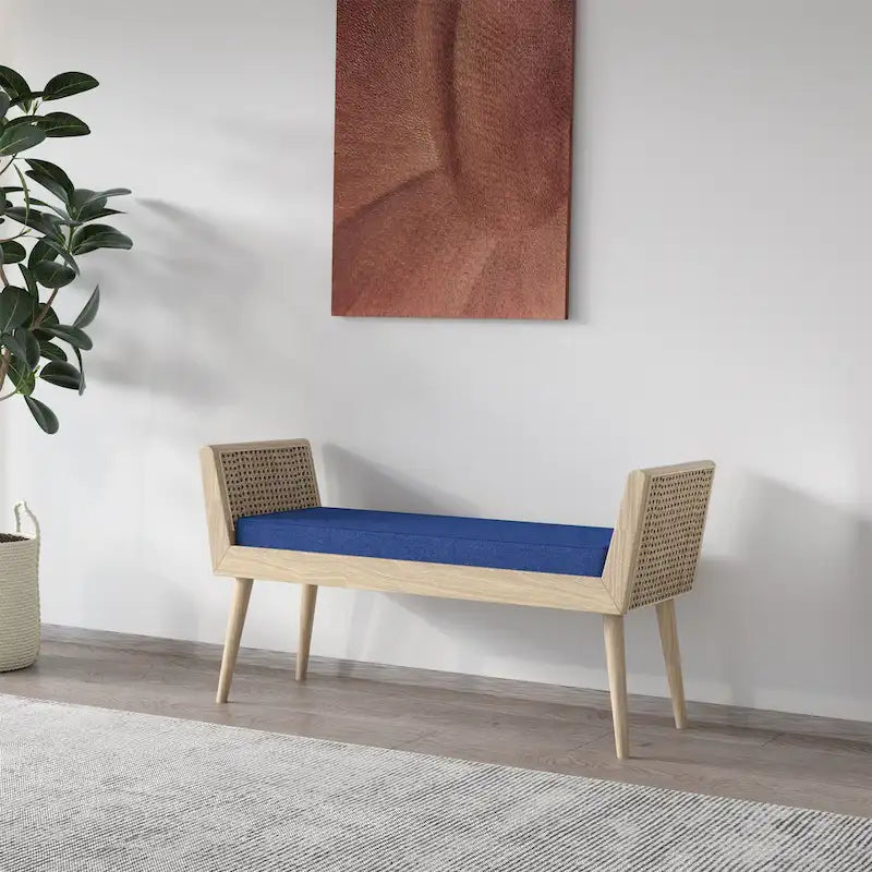 Banc rembourré Aderyn Mid-Century avec accoudoirs relevés en rotin