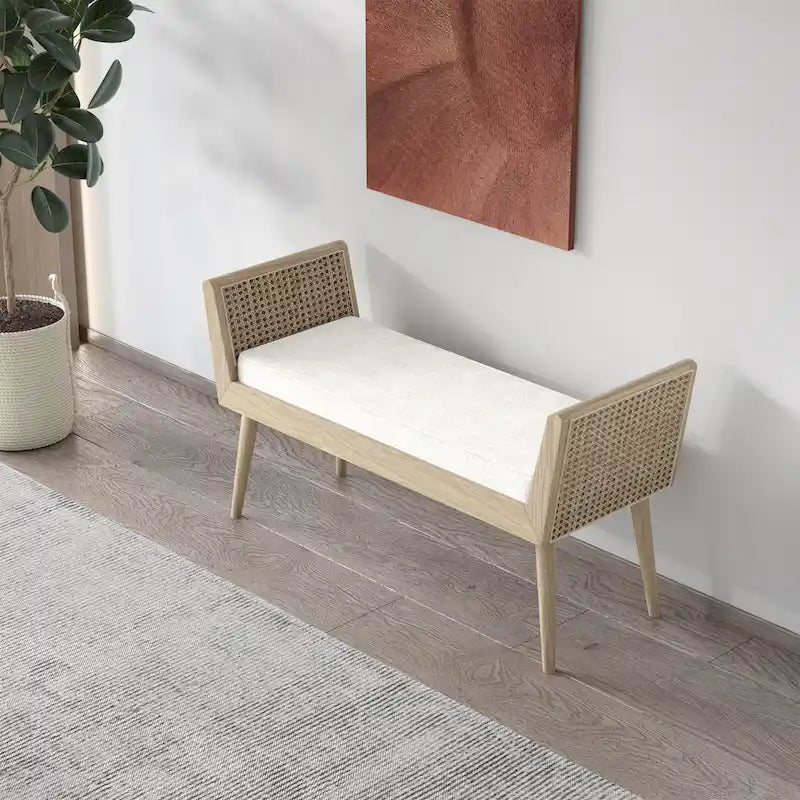 Banc rembourré Aderyn Mid-Century avec accoudoirs relevés en rotin