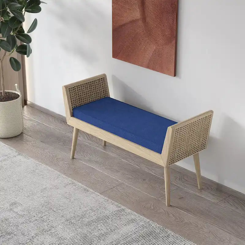 Banc rembourré Aderyn Mid-Century avec accoudoirs relevés en rotin