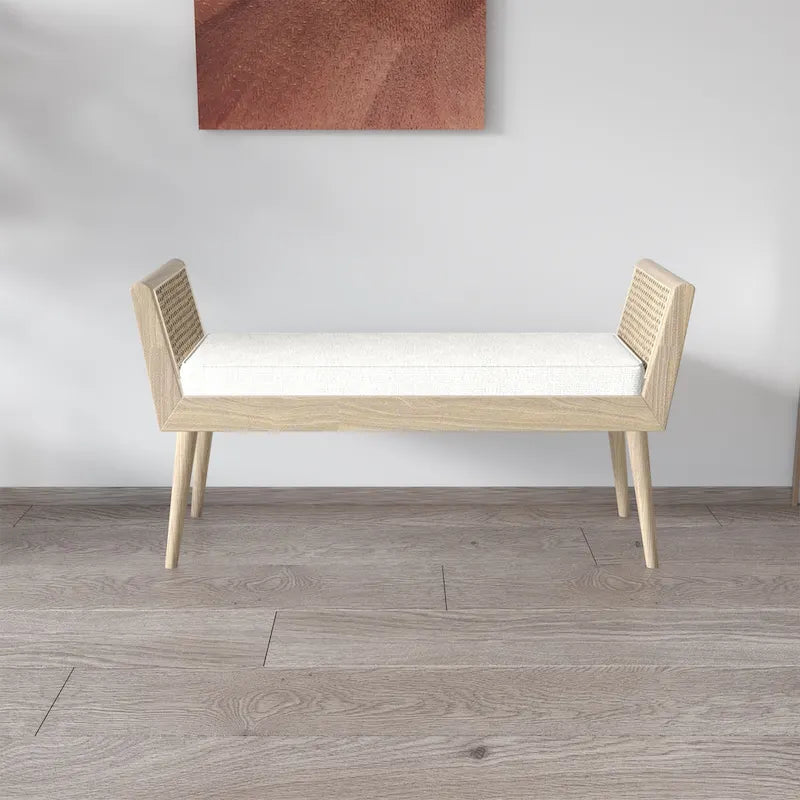 Banc rembourré Aderyn Mid-Century avec accoudoirs relevés en rotin