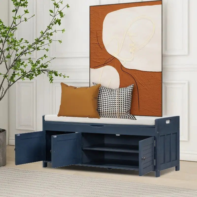 Banc de rangement à chaussures en bois avec coussin, banquette d'entrée avec étagère ajustable intégrée et plateau rabattable