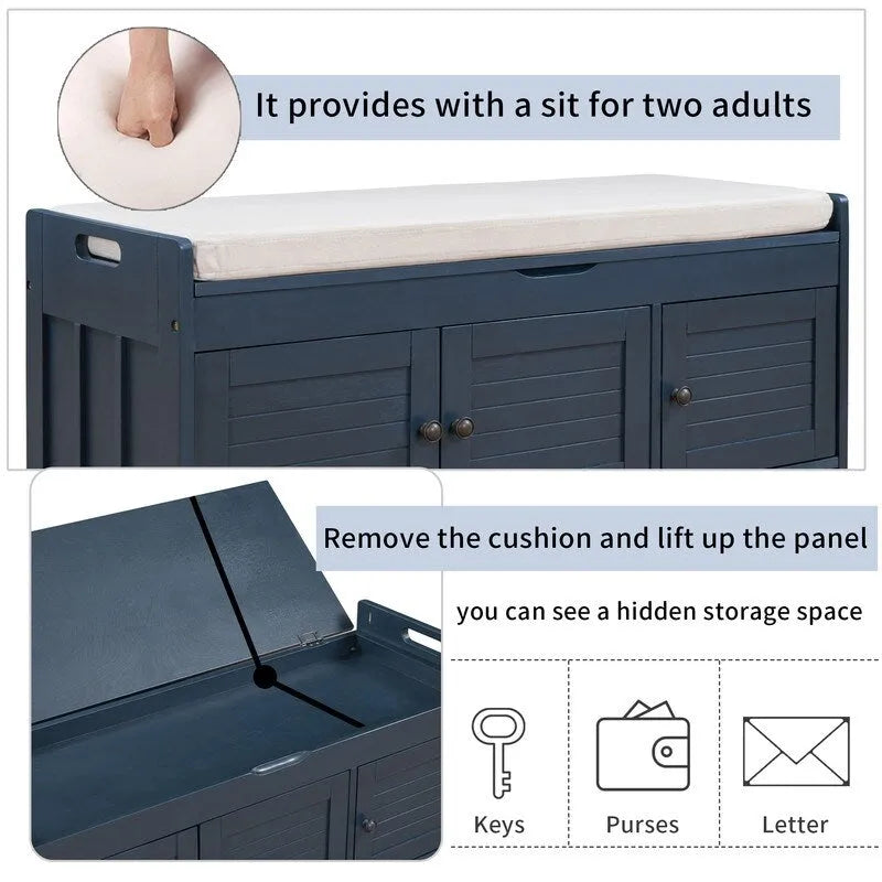 Banc de rangement à chaussures en bois avec coussin, banquette d'entrée avec étagère ajustable intégrée et plateau rabattable