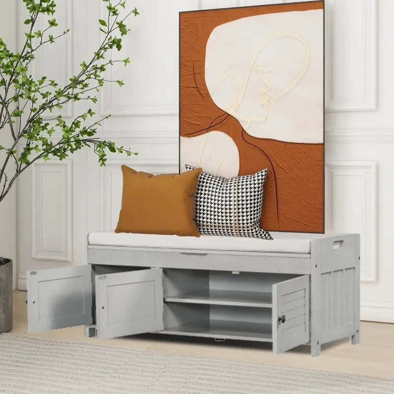 Banc de rangement à chaussures en bois avec coussin, banquette d'entrée avec étagère ajustable intégrée et plateau rabattable