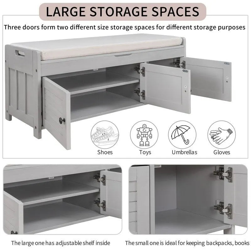 Banc de rangement à chaussures en bois avec coussin, banquette d'entrée avec étagère ajustable intégrée et plateau rabattable
