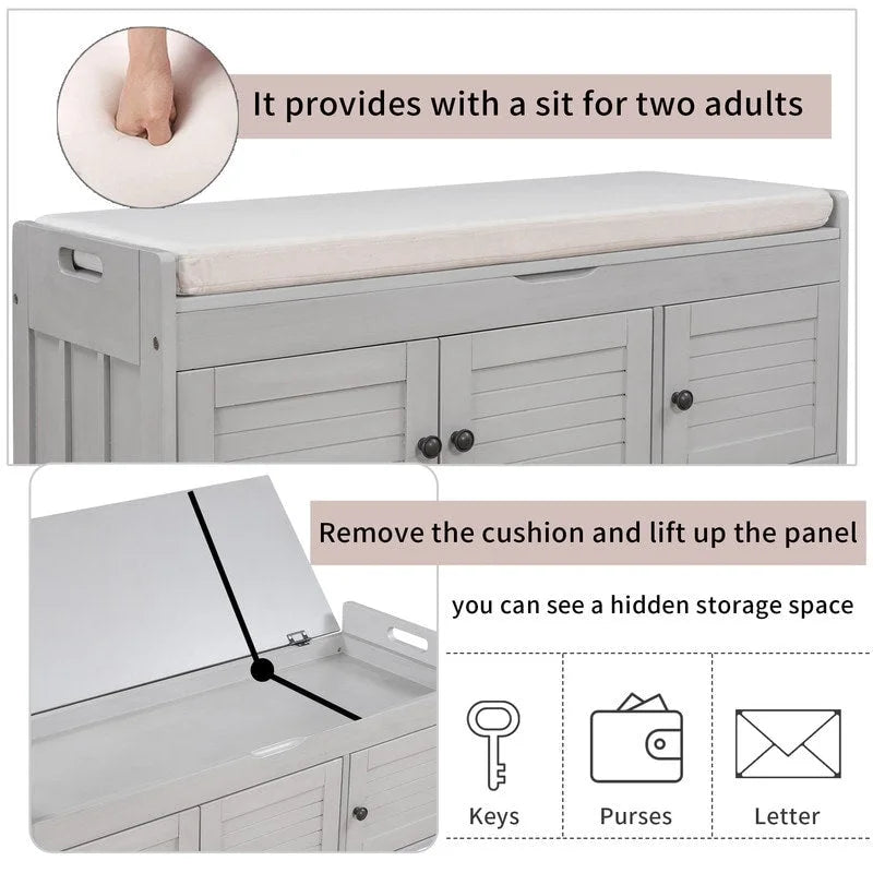 Banc de rangement à chaussures en bois avec coussin, banquette d'entrée avec étagère ajustable intégrée et plateau rabattable