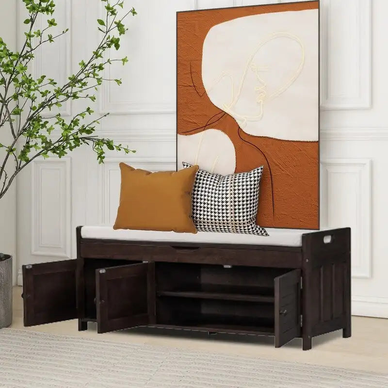 Banc de rangement à chaussures en bois avec coussin, banquette d'entrée avec étagère ajustable intégrée et plateau rabattable