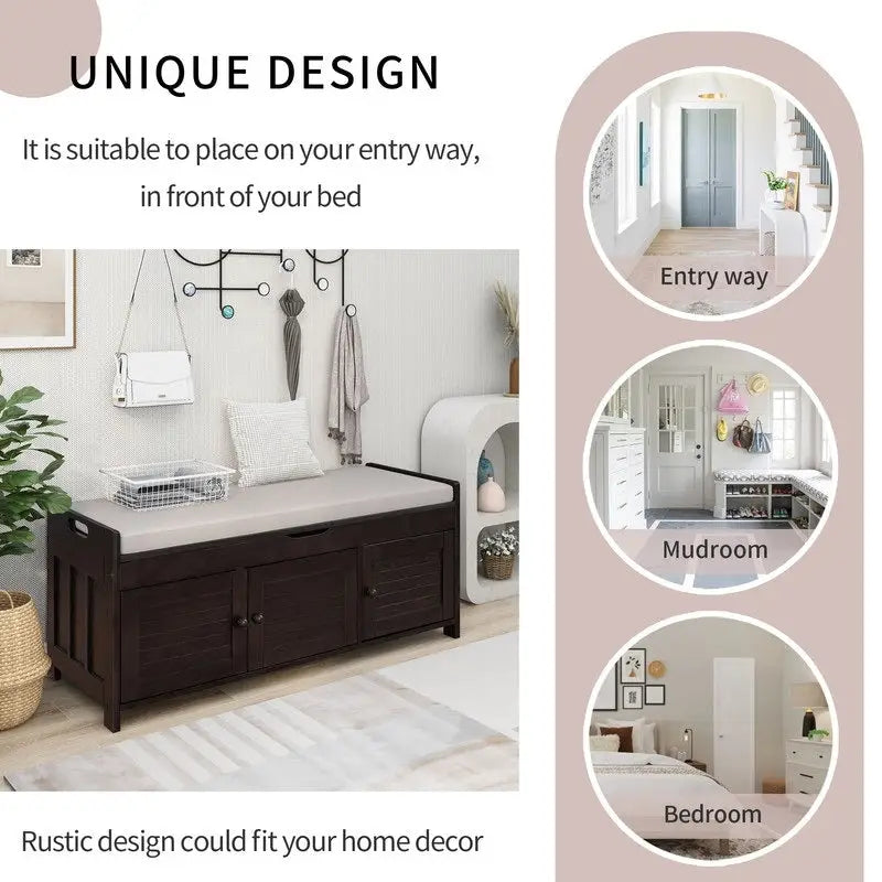 Banc de rangement à chaussures en bois avec coussin, banquette d'entrée avec étagère ajustable intégrée et plateau rabattable