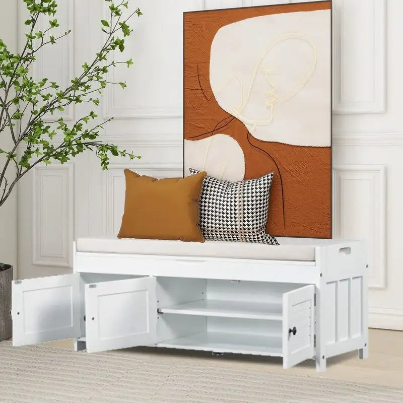 Banc de rangement à chaussures en bois avec coussin, banquette d'entrée avec étagère ajustable intégrée et plateau rabattable