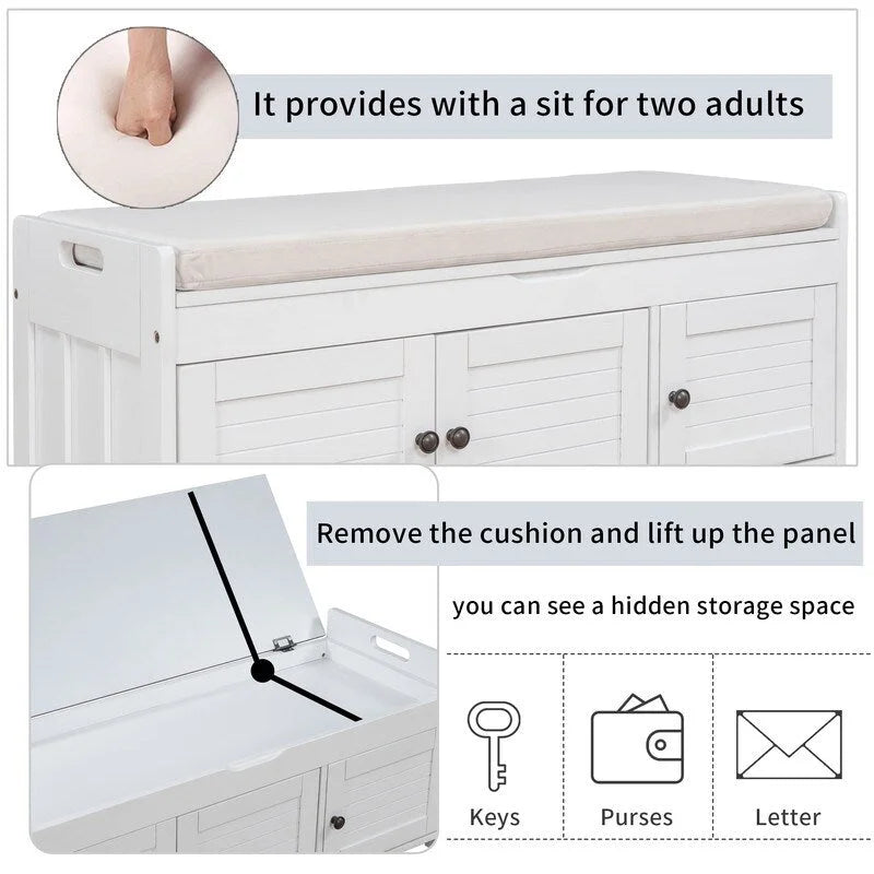 Banc de rangement à chaussures en bois avec coussin, banquette d'entrée avec étagère ajustable intégrée et plateau rabattable