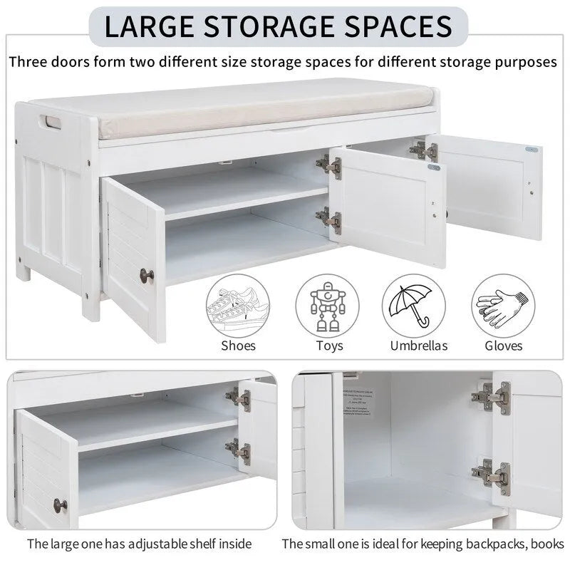 Banc de rangement à chaussures en bois avec coussin, banquette d'entrée avec étagère ajustable intégrée et plateau rabattable