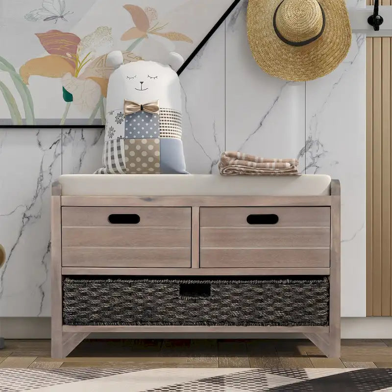 Banc de rangement avec panier amovible et 2 tiroirs, coussin amovible