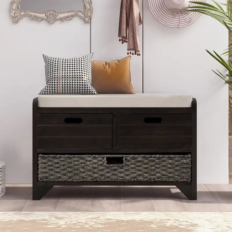 Banc de rangement avec panier amovible et 2 tiroirs, coussin amovible