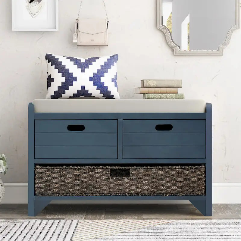 Banc de rangement avec panier amovible et 2 tiroirs, coussin amovible