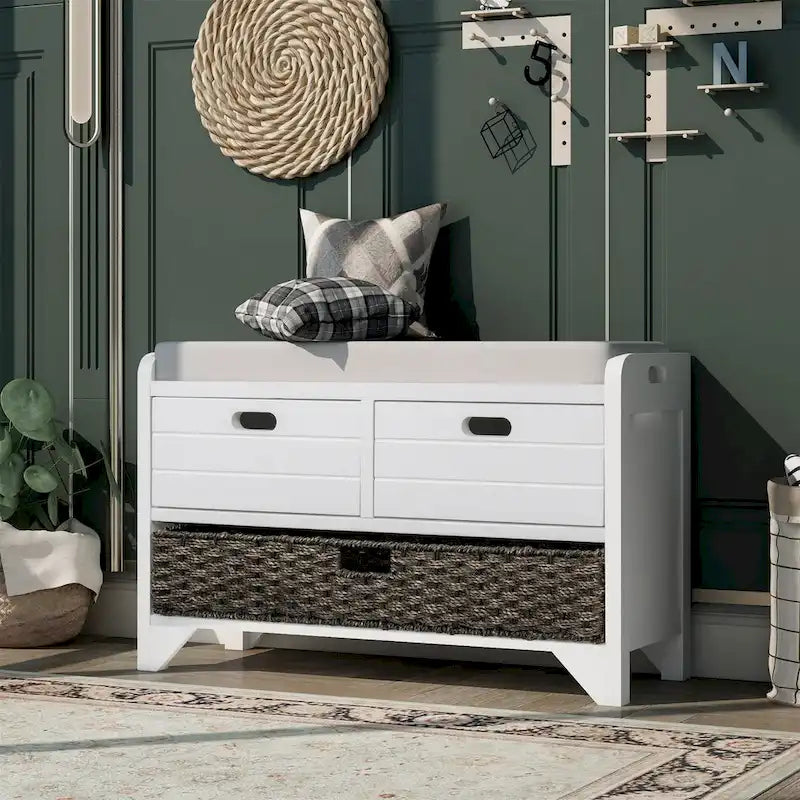 Banc de rangement avec panier amovible et 2 tiroirs, coussin amovible