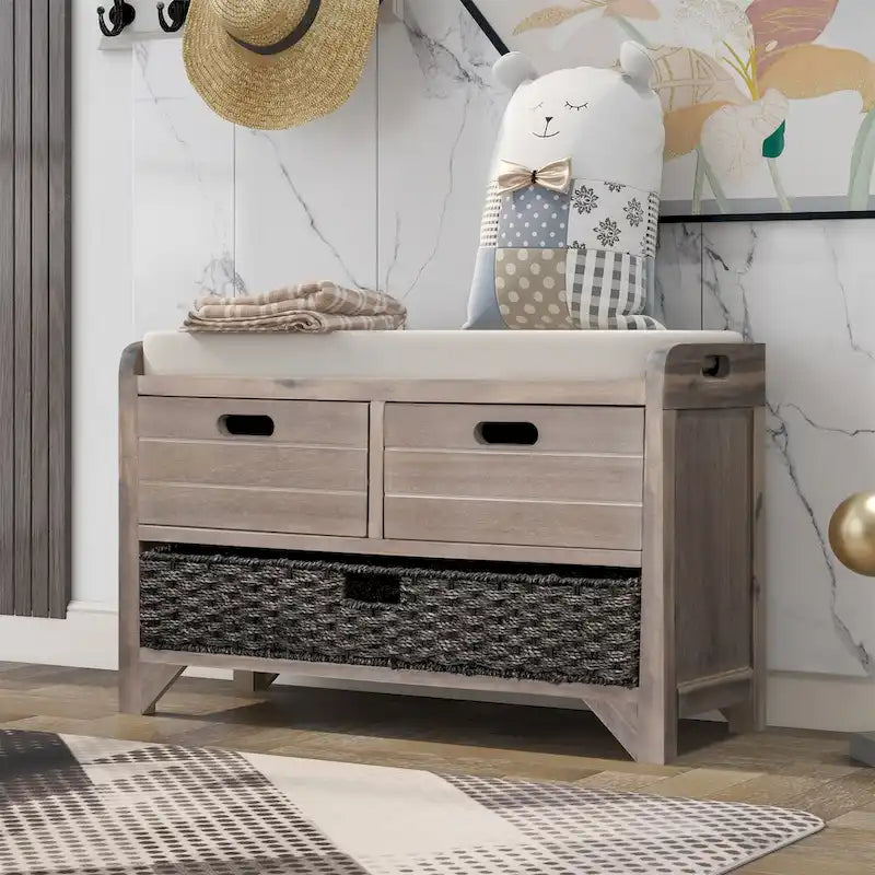 Banc de rangement avec panier amovible et 2 tiroirs, coussin amovible