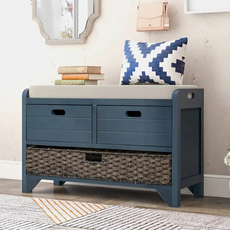 Banc de rangement avec panier amovible et 2 tiroirs, coussin amovible