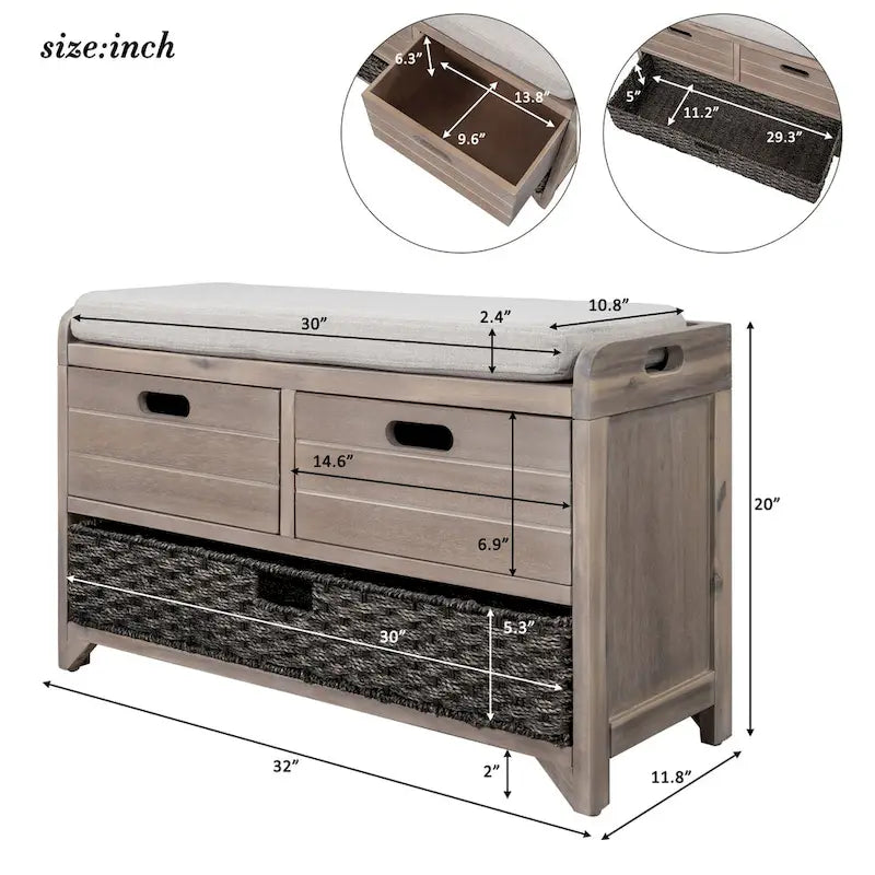 Banc de rangement avec panier amovible et 2 tiroirs, coussin amovible
