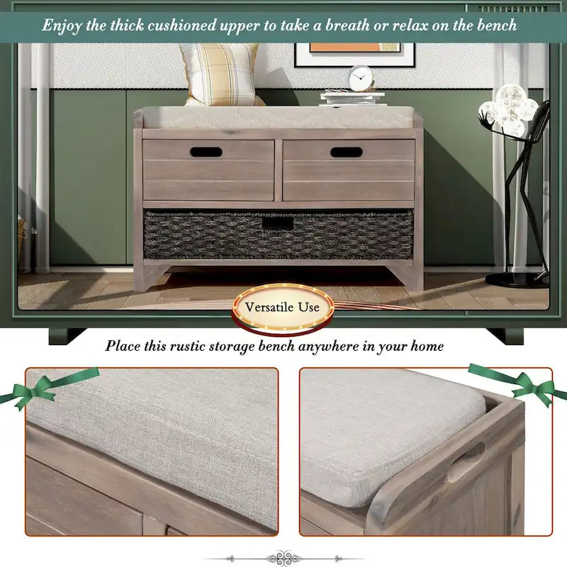 Banc de rangement avec panier amovible et 2 tiroirs, coussin amovible