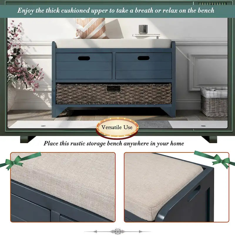 Banc de rangement avec panier amovible et 2 tiroirs, coussin amovible