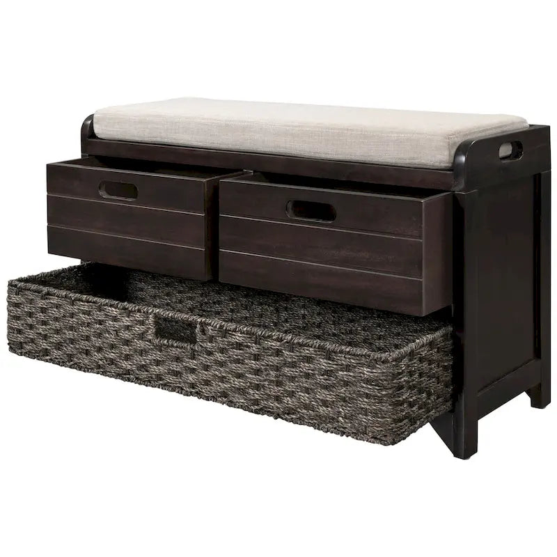 Banc de rangement avec panier amovible et 2 tiroirs, coussin amovible