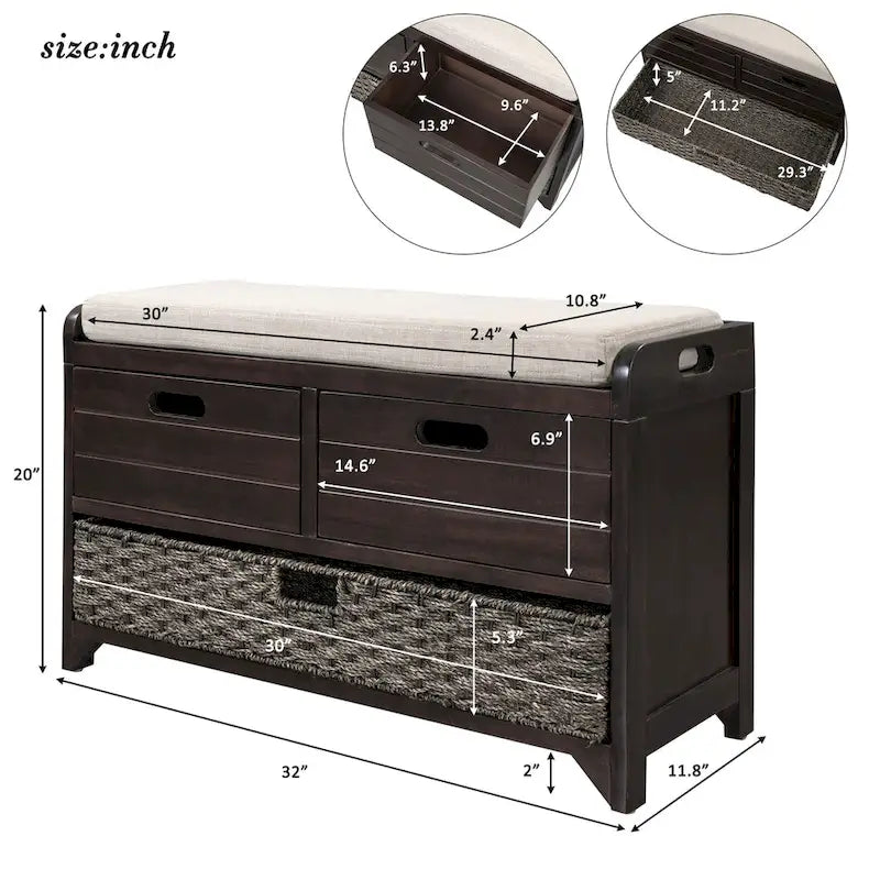 Banc de rangement avec panier amovible et 2 tiroirs, coussin amovible