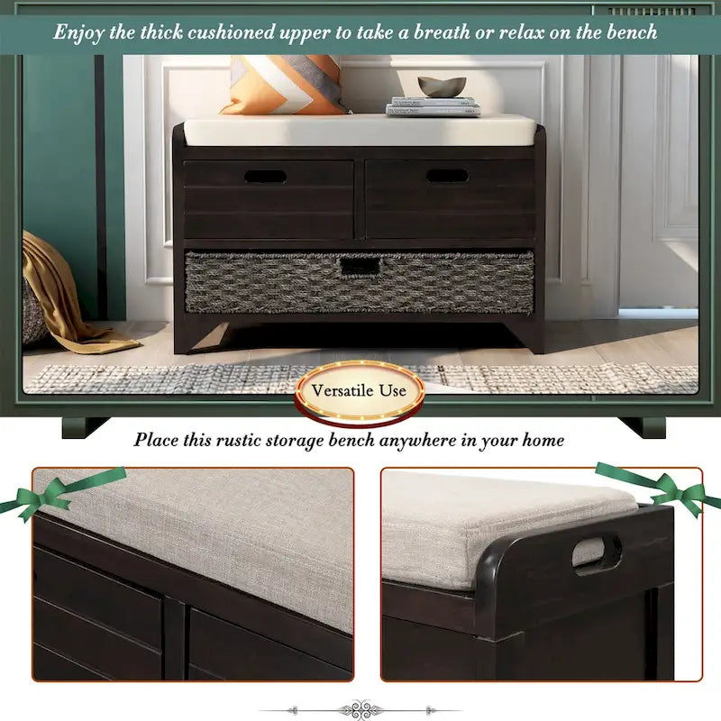 Banc de rangement avec panier amovible et 2 tiroirs, coussin amovible