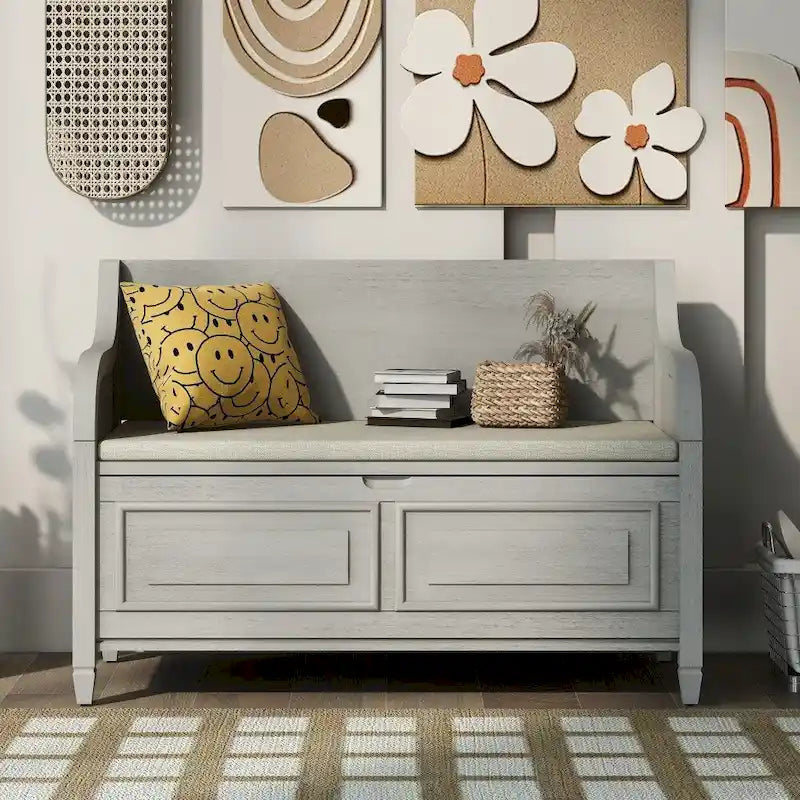 Banc de rangement multifonctionnel en bois massif, style rustique, pour entrée, 42 po
