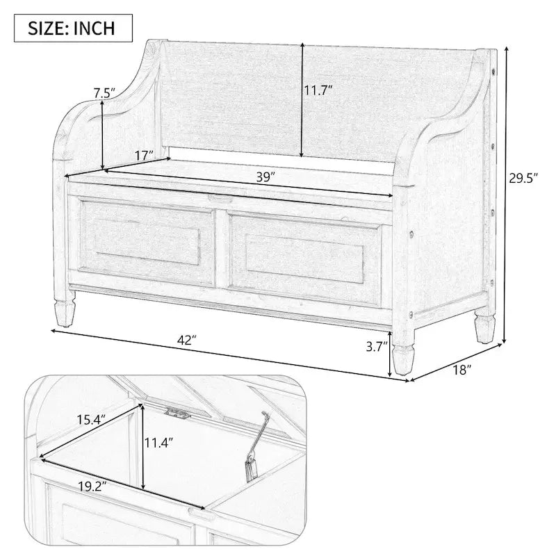 Banc de rangement multifonctionnel en bois massif, style rustique, pour entrée, 42 po