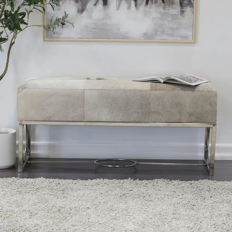 Banc en cuir fait main en peau de vache avec base argentée découpée géométrique - Beige - Décor Roche River - 18L x 48P x 17H