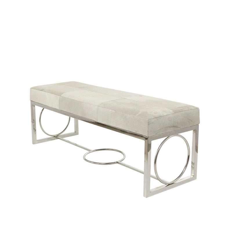 Banc en cuir fait main en peau de vache avec base argentée découpée géométrique - Beige - Décor Roche River - 18L x 48P x 17H
