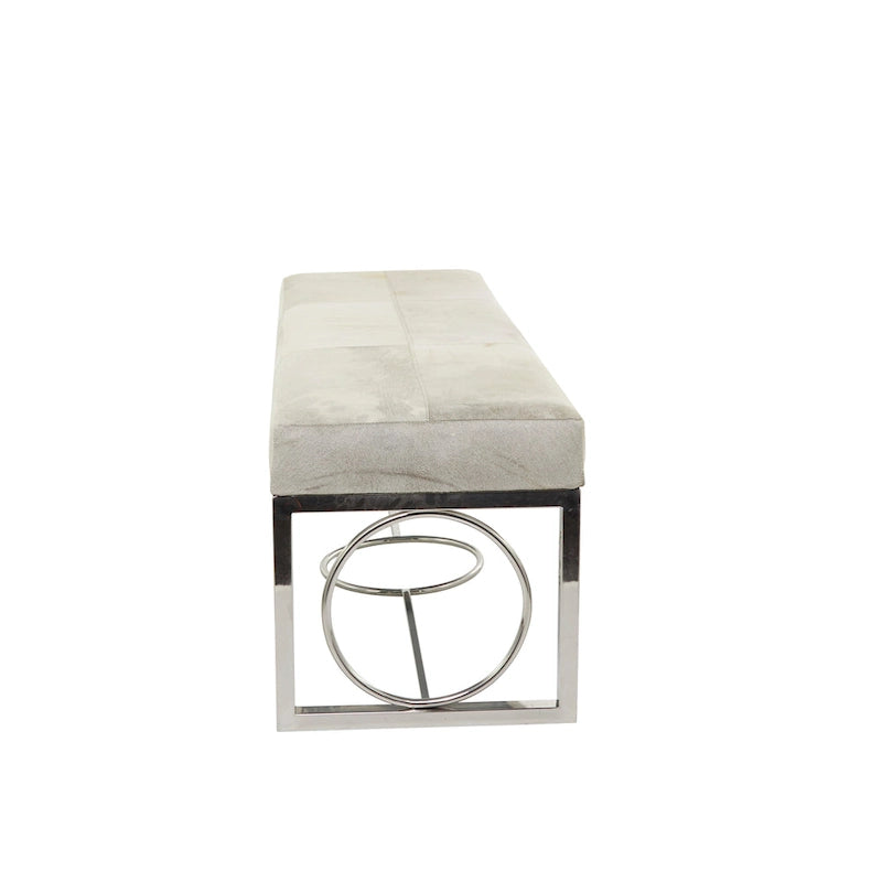 Banc en cuir fait main en peau de vache avec base argentée découpée géométrique - Beige - Décor Roche River - 18L x 48P x 17H