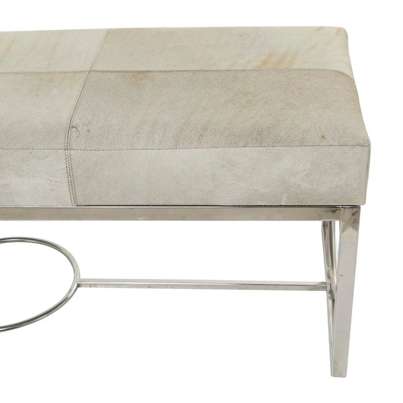 Banc en cuir fait main en peau de vache avec base argentée découpée géométrique - Beige - Décor Roche River - 18L x 48P x 17H