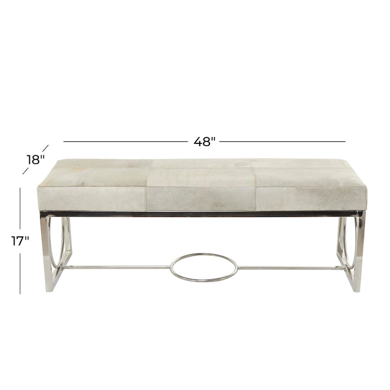 Banc en cuir fait main en peau de vache avec base argentée découpée géométrique - Beige - Décor Roche River - 18L x 48P x 17H