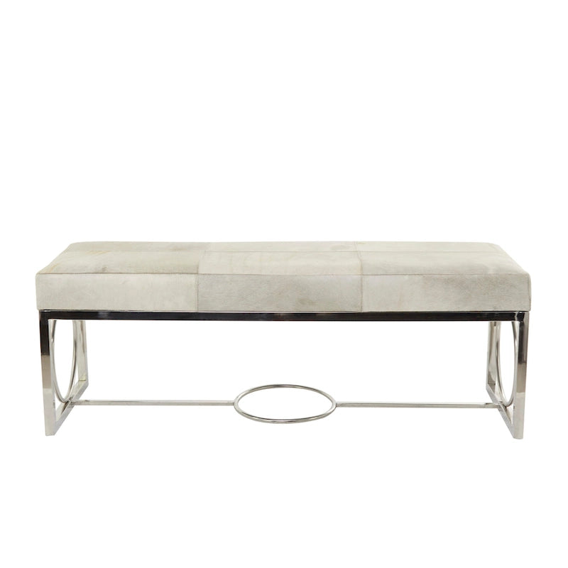 Banc en cuir fait main en peau de vache avec base argentée découpée géométrique - Beige - Décor Roche River - 18L x 48P x 17H