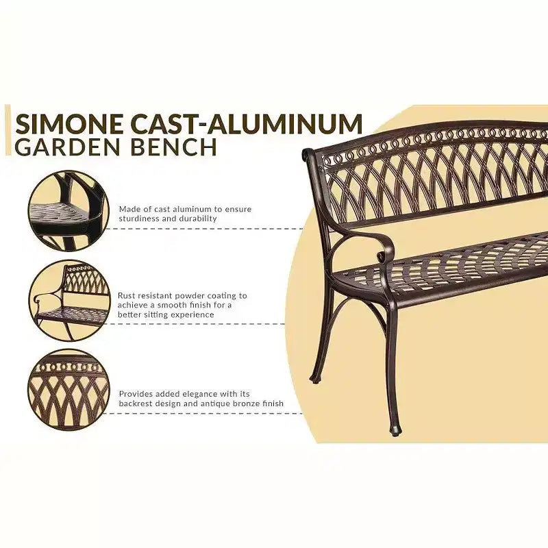 Banc de patio extérieur Balkene Home Simone en aluminium moulé - Construction robuste en aluminium antirouille - Fini bronze antique