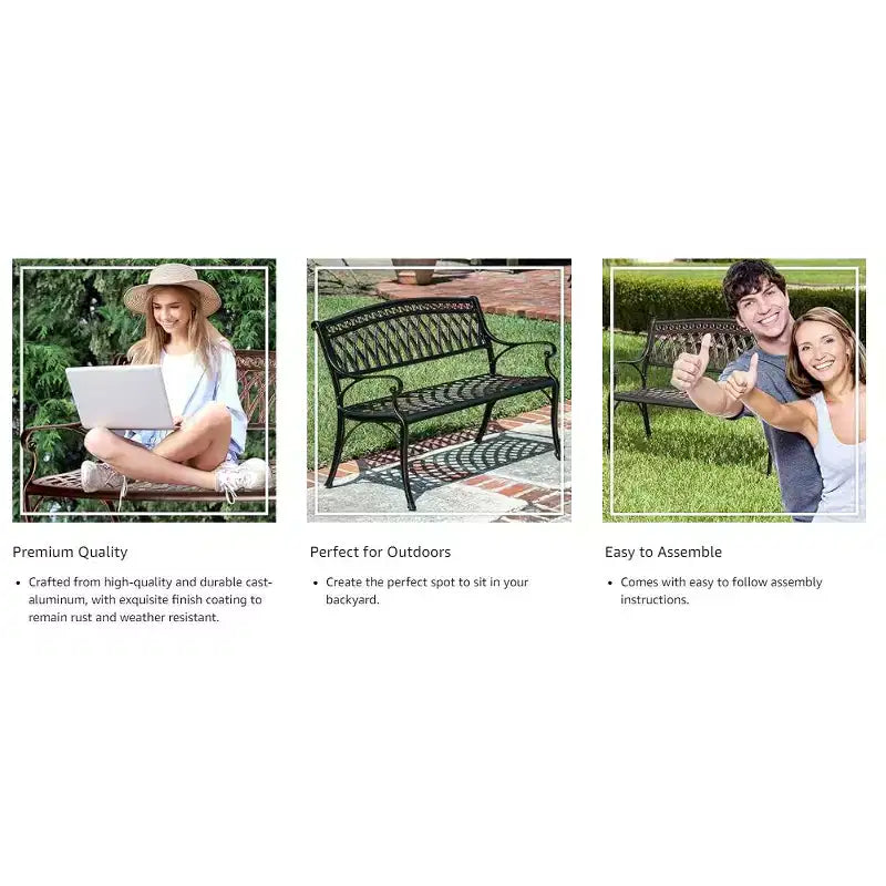 Banc de patio extérieur Balkene Home Simone en aluminium moulé - Construction robuste en aluminium antirouille - Fini bronze antique