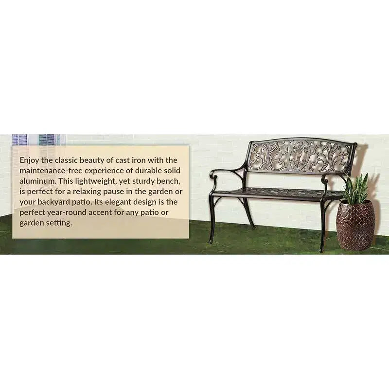Banc d'extérieur Balkene Home Decatur en aluminium moulé - Construction robuste en aluminium antirouille - Finition bronze antique