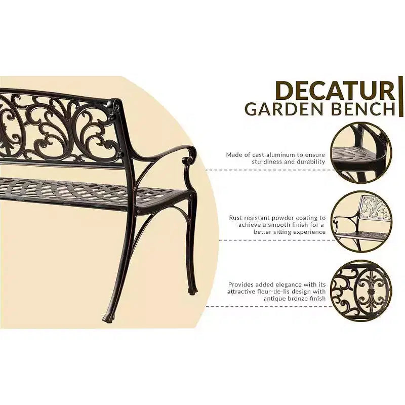 Banc d'extérieur Balkene Home Decatur en aluminium moulé - Construction robuste en aluminium antirouille - Finition bronze antique