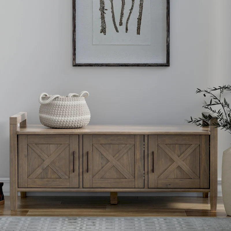 Banc de rangement d'entrée de style transitionnel en BOIS MASSIF Cantina WYNDENHALL, largeur 44 pouces, brun fumé - 18 p x 44 l x 19,8 h